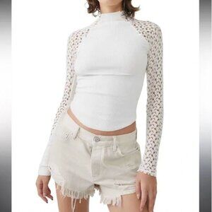 NWT Free People Clemente Ribbed Mock Neck Top with Lace Sleeves in Ivory size XL